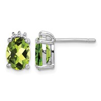 Sterling Silver Rhodium Plated Oval Peridot and Diamond Post Earrings view 1