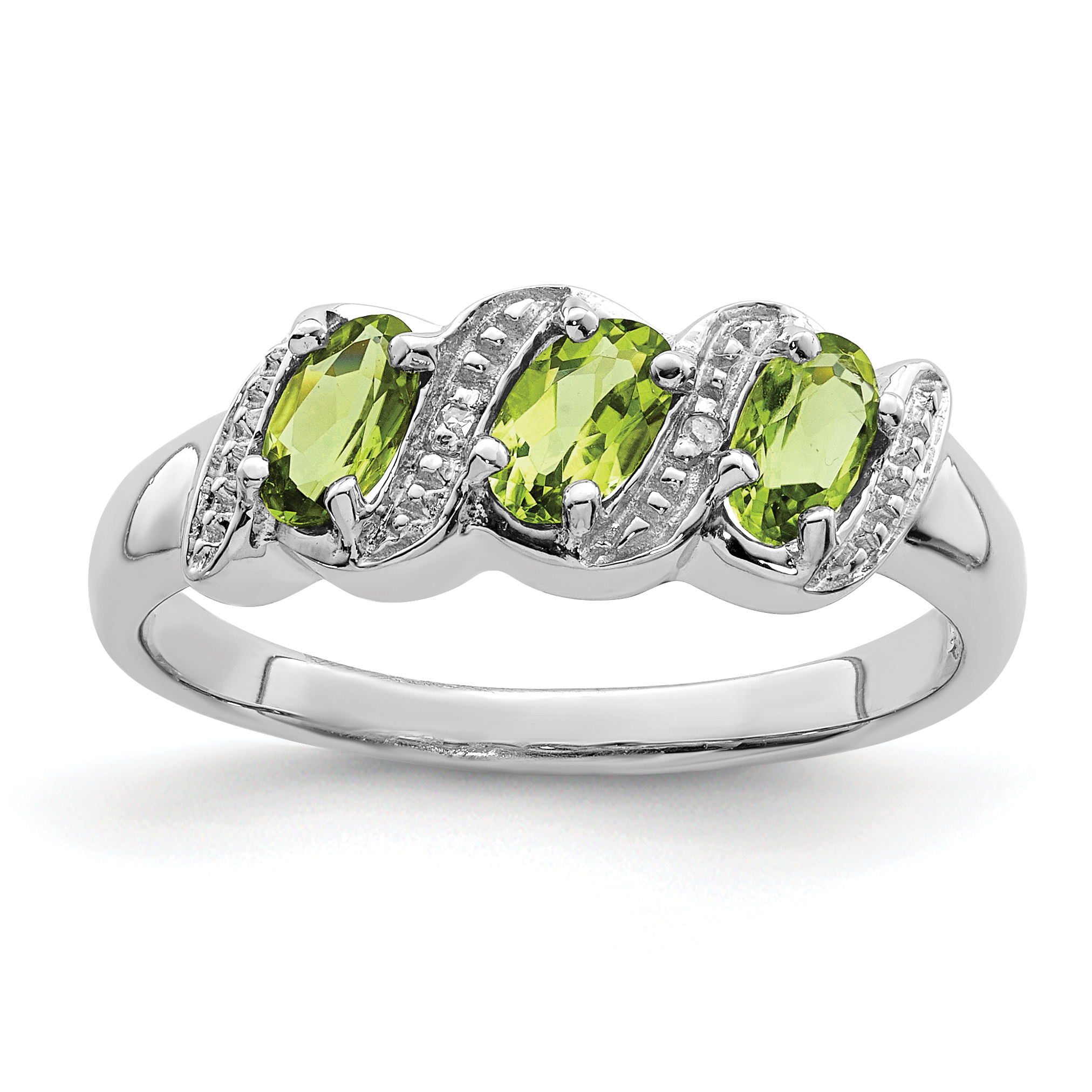 Sterling Silver Rhodium 3 Stone Peridot & Diamond Ring (QDX830-7)