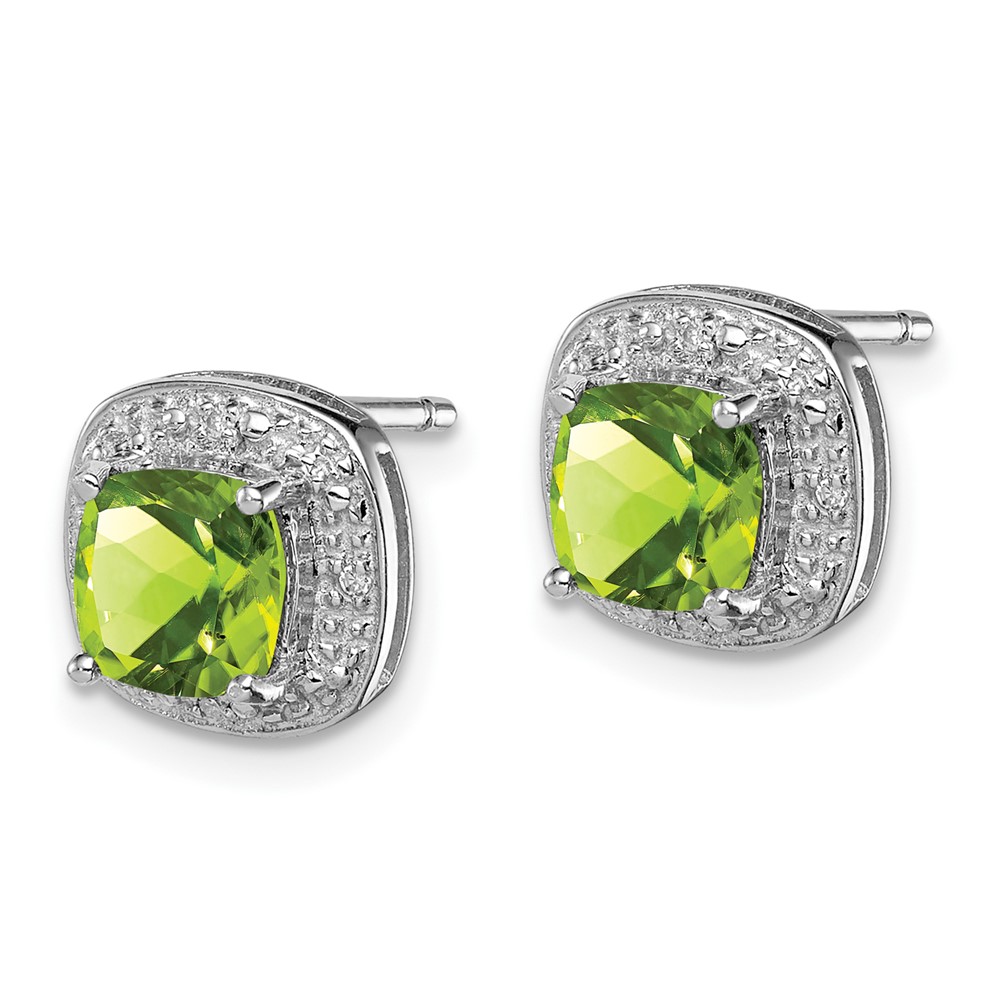 Sterling Silver Rhodium Plated Peridot and Diamond Post Earrings (QDX845)