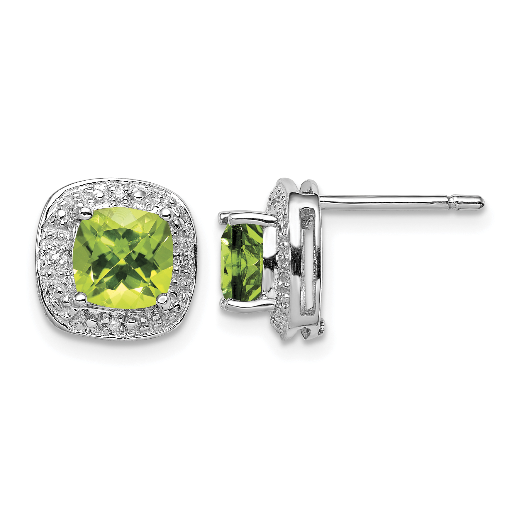 Sterling Silver Rhodium Plated Peridot and Diamond Post Earrings (QDX845)