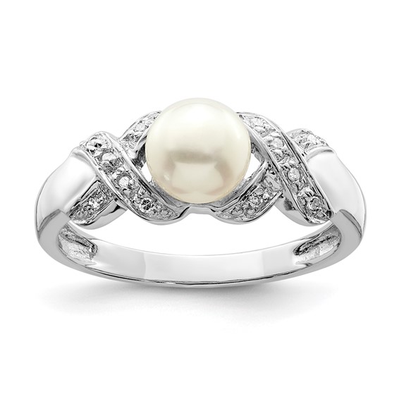 Sterling Silver Rhodium 6mm FW Cultured Button Pearl Ring
