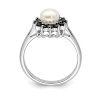 Sterling Silver Rhod 6mm FW Cultured Button Pearl & Sapphire Ring view 2