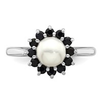 Sterling Silver Rhod 6mm FW Cultured Button Pearl & Sapphire Ring view 5