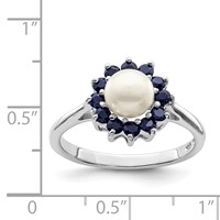 Sterling Silver Rhod 6mm FW Cultured Button Pearl & Sapphire Ring view 4