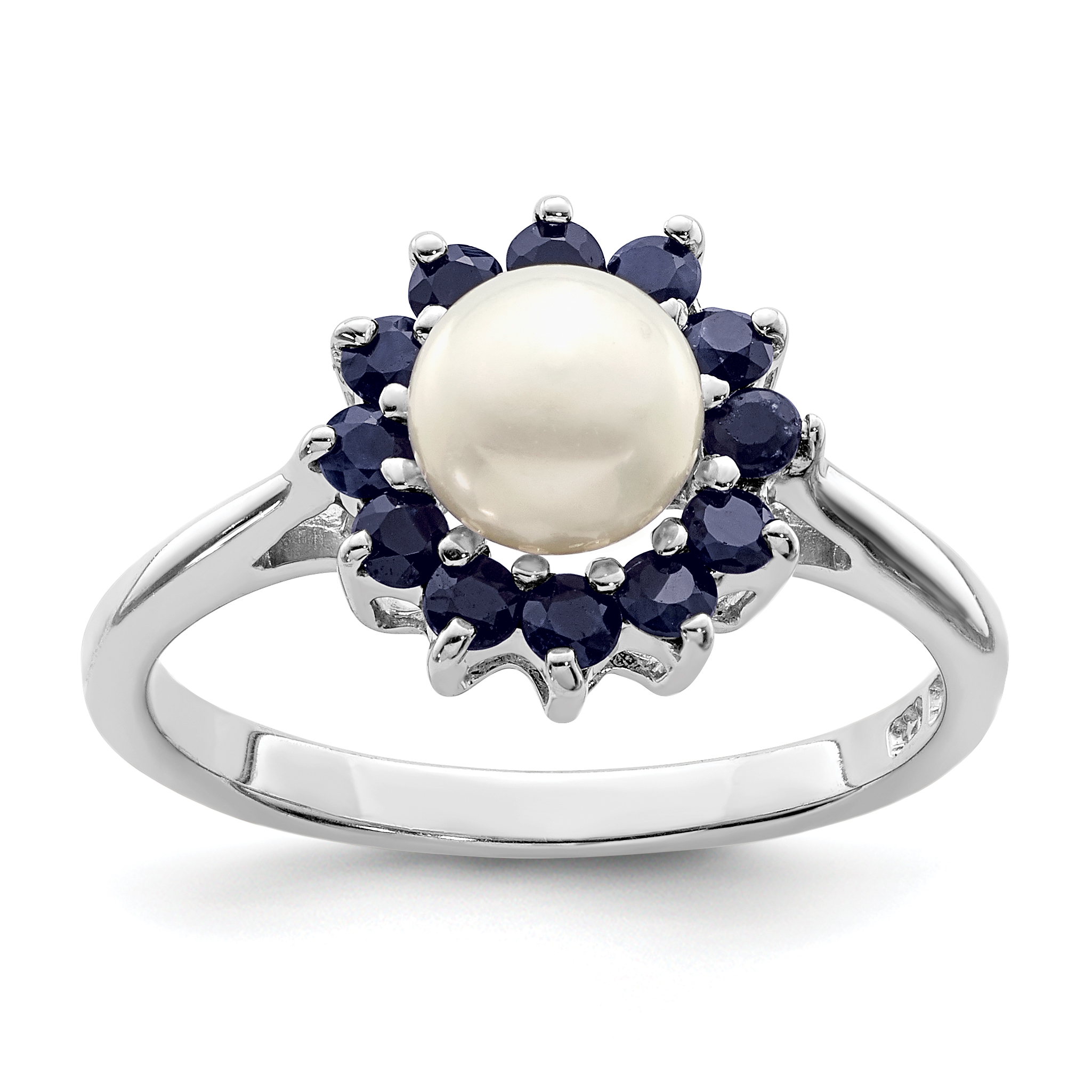 Sterling Silver Rhodium 6mm FW Cultured Button Pearl & Sapphire Ring (QDX852-7)