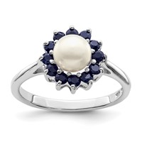 Sterling Silver Rhod 6mm FW Cultured Button Pearl & Sapphire Ring view 1