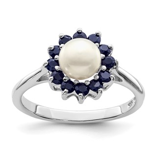 Sterling Silver Rhod 6mm FW Cultured Button Pearl & Sapphire Ring