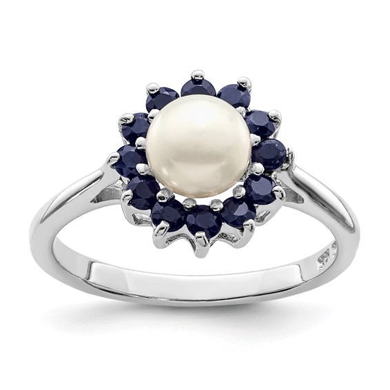 Sterling Silver Rhod 6mm FW Cultured Button Pearl & Sapphire Ring