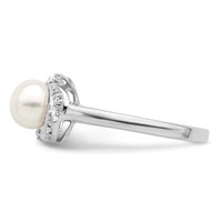 Sterling Silver Rhodium 6mm FW Cultured Button Pearl & Diamond Ring view 3