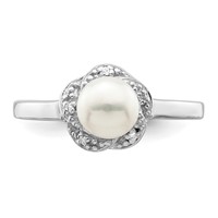Sterling Silver Rhodium 6mm FW Cultured Button Pearl & Diamond Ring view 5