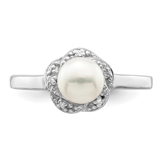Sterling Silver Rhodium 6mm FW Cultured Button Pearl & Diamond Ring