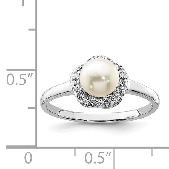 Sterling Silver Rhodium 6mm FW Cultured Button Pearl & Diamond Ring