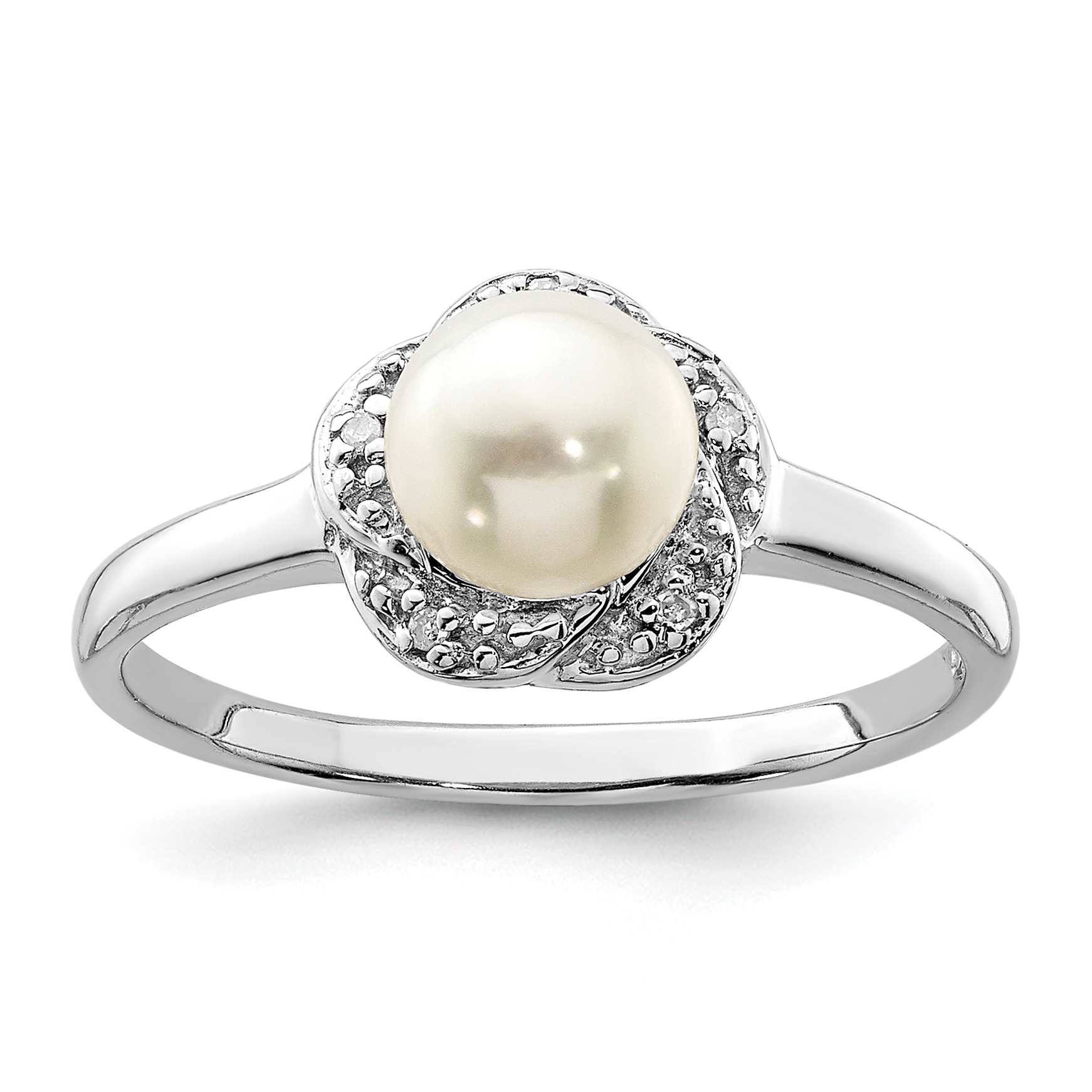 Sterling Silver Rhodium 6mm FW Cultured Button Pearl & Diamond Ring (QDX854-7)