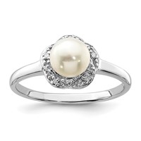 Sterling Silver Rhodium 6mm FW Cultured Button Pearl & Diamond Ring view 1