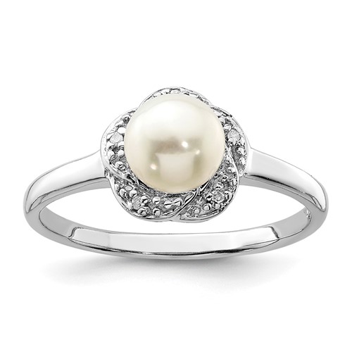 Sterling Silver Rhodium 6mm FW Cultured Button Pearl & Diamond Ring