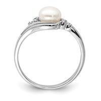 Sterling Silver Rhodium 6mm FW Cultured Button Pearl & Diamond Ring view 2