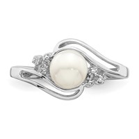 Sterling Silver Rhodium 6mm FW Cultured Button Pearl & Diamond Ring view 5