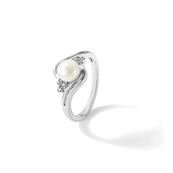 Sterling Silver Rhodium 6mm FW Cultured Button Pearl & Diamond Ring