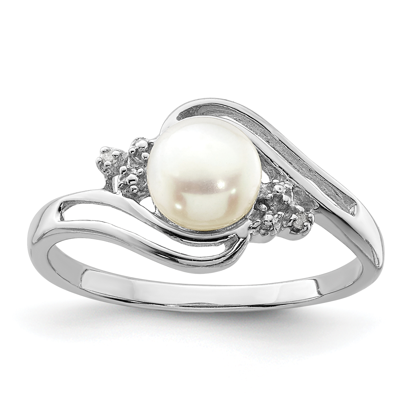 Sterling Silver Rhodium 6mm FW Cultured Button Pearl & Diamond Ring (QDX855-6)