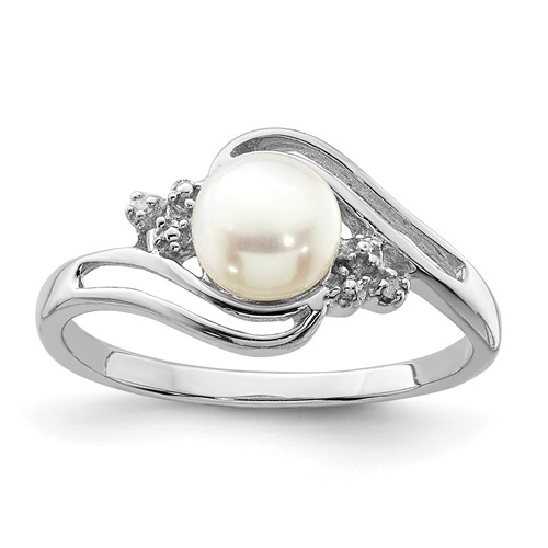 Sterling Silver Rhodium 6mm FW Cultured Button Pearl & Diamond Ring