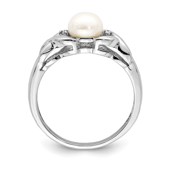 Sterling Silver Rhodium FW Cultured Button Pearl & Diamond Ring