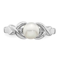 Sterling Silver Rhodium FW Cultured Button Pearl & Diamond Ring view 5