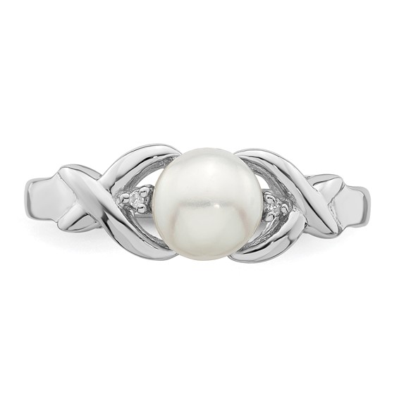 Sterling Silver Rhodium FW Cultured Button Pearl & Diamond Ring
