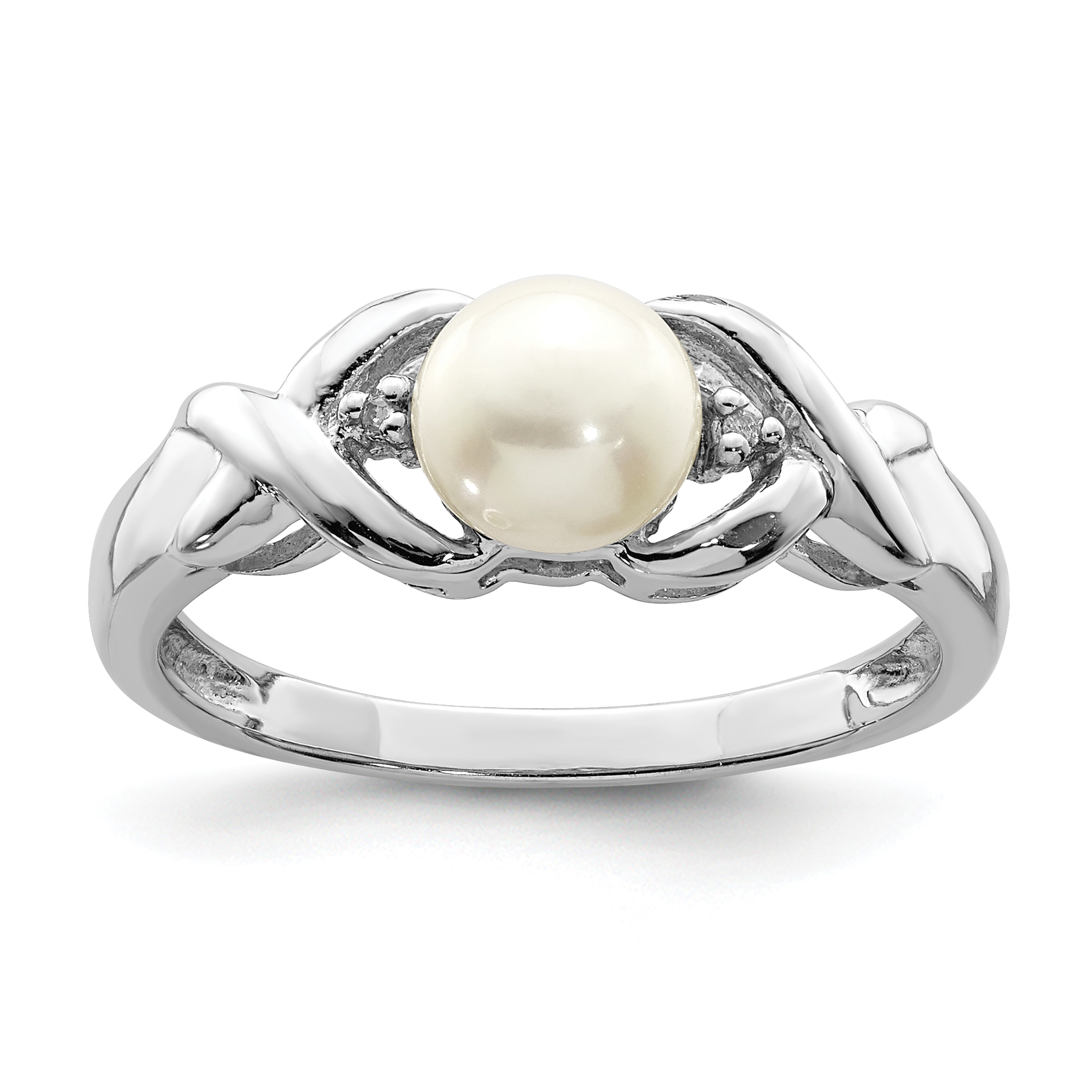 Sterling Silver Rhodium FW Cultured Button Pearl & Diamond Ring (QDX858-7)
