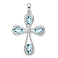 Sterling Silver Rhodium-plated Aquamarine & Diamond Cross Pendant view 1