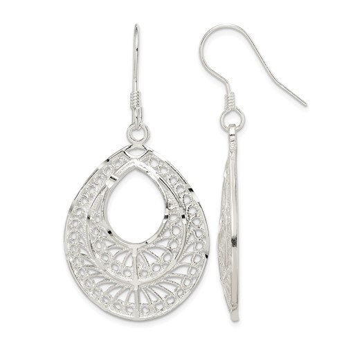 Sterling Silver Polished Textured D C Filigree Teardrop Dangle Earrings