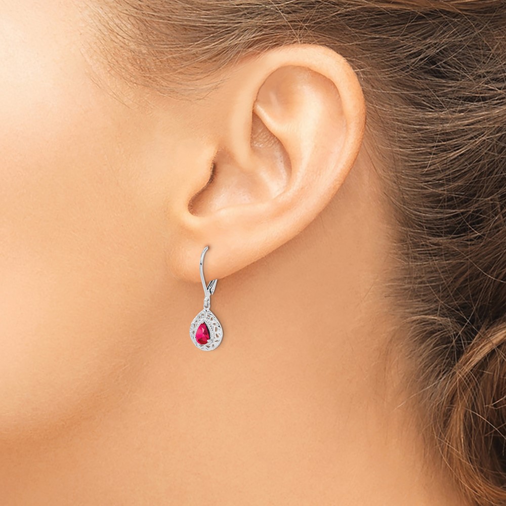 Sterling Silver Rhodium Ruby Teardrop Lever Back Earrings (QE10017R)