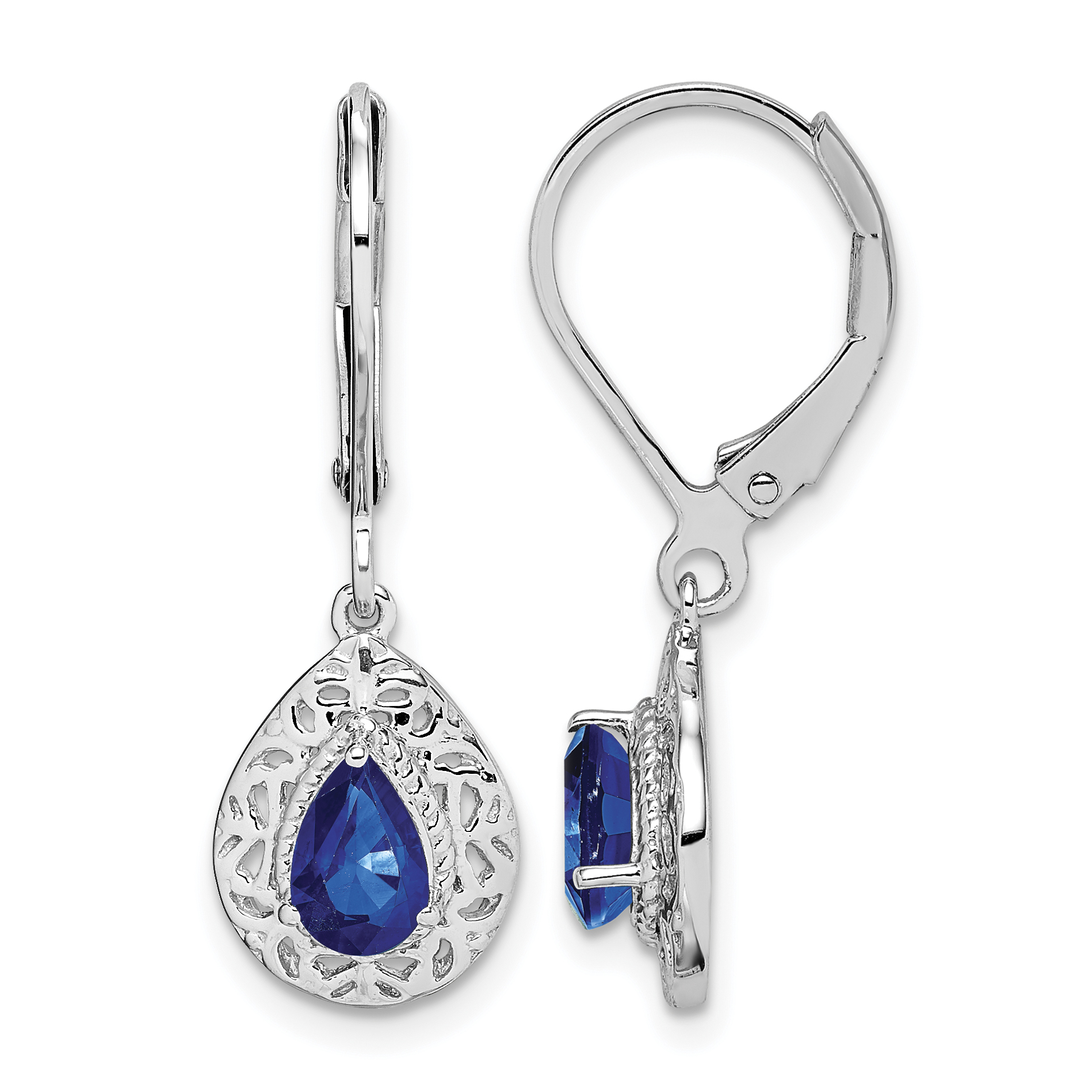 Sterling Silver Rhodium-plated Sapphire Teardrop Lever Back Earrings (QE10017S)