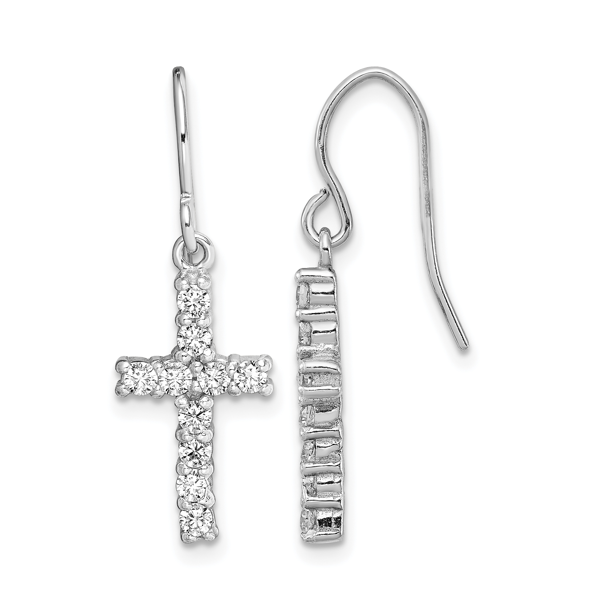 Sterling Silver Rhodium-plated Polished CZ Latin Cross Dangle Earrings (QE1012)