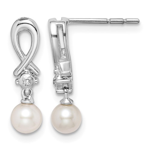 Sterling Silver Rhodium-plated FW Cultured Pearl Diamond Earrings