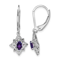 Sterling Silver Rhodium-plated Amethyst and Diamond Earrings view 1