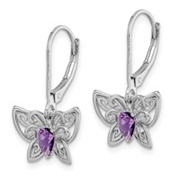 Sterling Silver Rhodium-plated Amethyst and Diamond Butterfly Earrings view 2