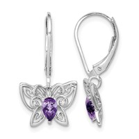 Sterling Silver Rhodium-plated Amethyst and Diamond Butterfly Earrings view 1