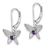Sterling Silver Rhodium-plated Amethyst and Diamond Butterfly Earrings view 2