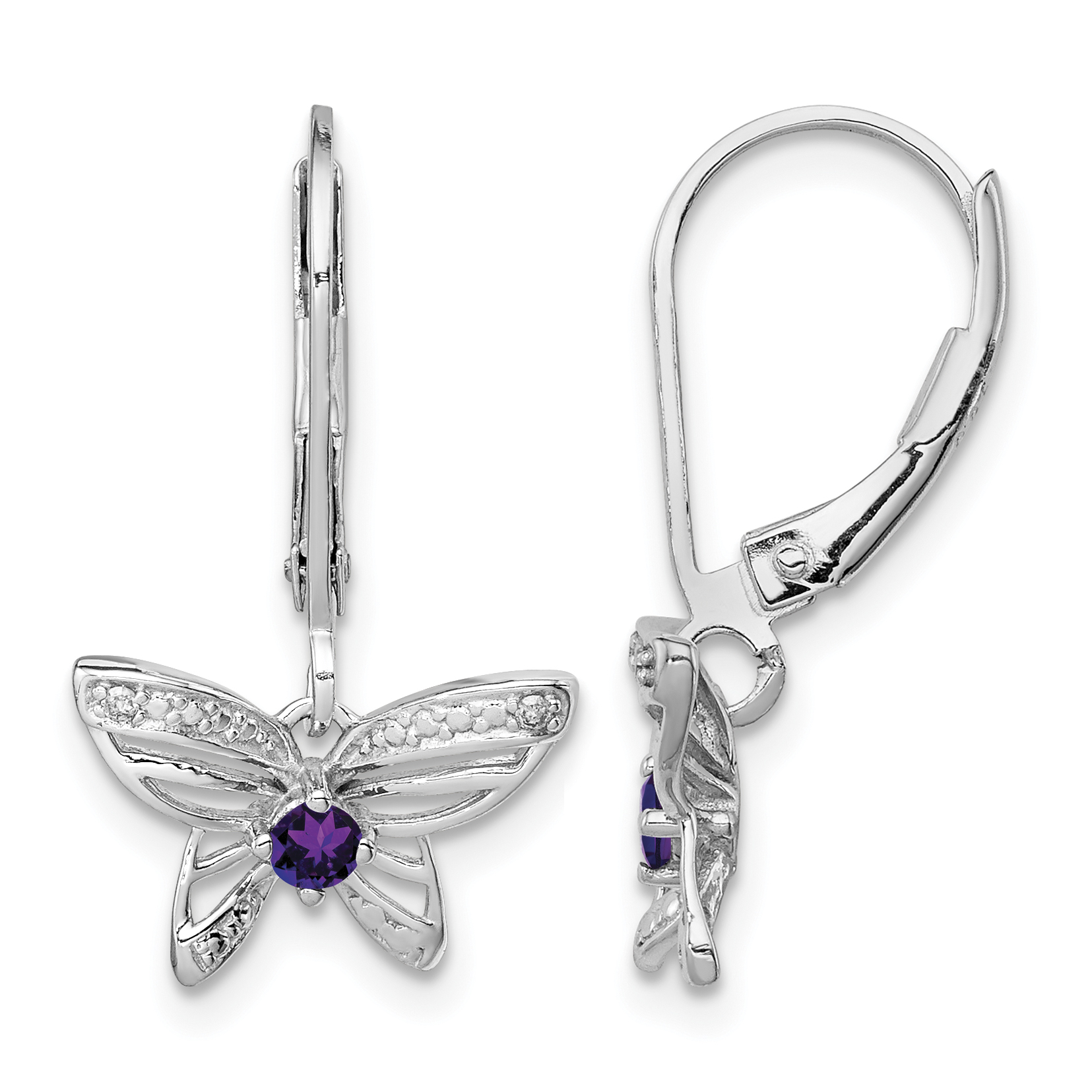 Sterling Silver Rhodium-plated Amethyst and Diamond Butterfly Earrings (QE10266AM)