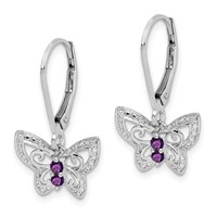 Sterling Silver Rhodium-plated Amethyst and Diamond Butterfly Earrings view 2