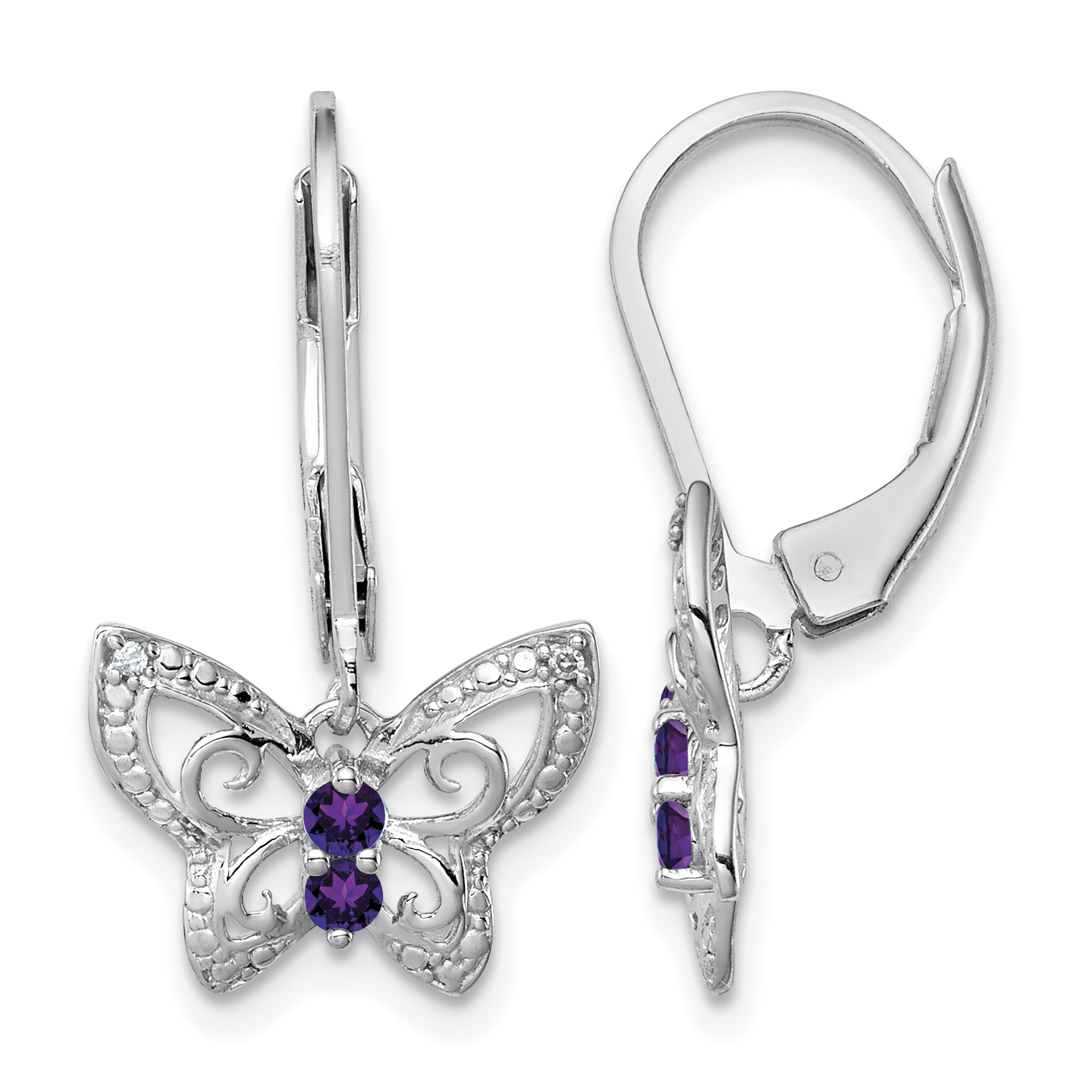 Sterling Silver Rhodium-plated Amethyst and Diamond Butterfly Earrings (QE10274AM)