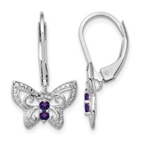 Sterling Silver Rhodium-plated Amethyst and Diamond Butterfly Earrings view 1