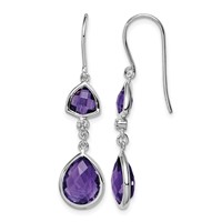 Sterling Silver Rhodium Plated Diamond and Amethyst Dangle Earrings view 1