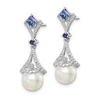 Sterling Silver Rhod Plated Dia. FW Cultured Pearl Cr. Sapphire Ear view 2