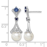 Sterling Silver Rhod Plated Dia. FW Cultured Pearl Cr. Sapphire Ear view 4