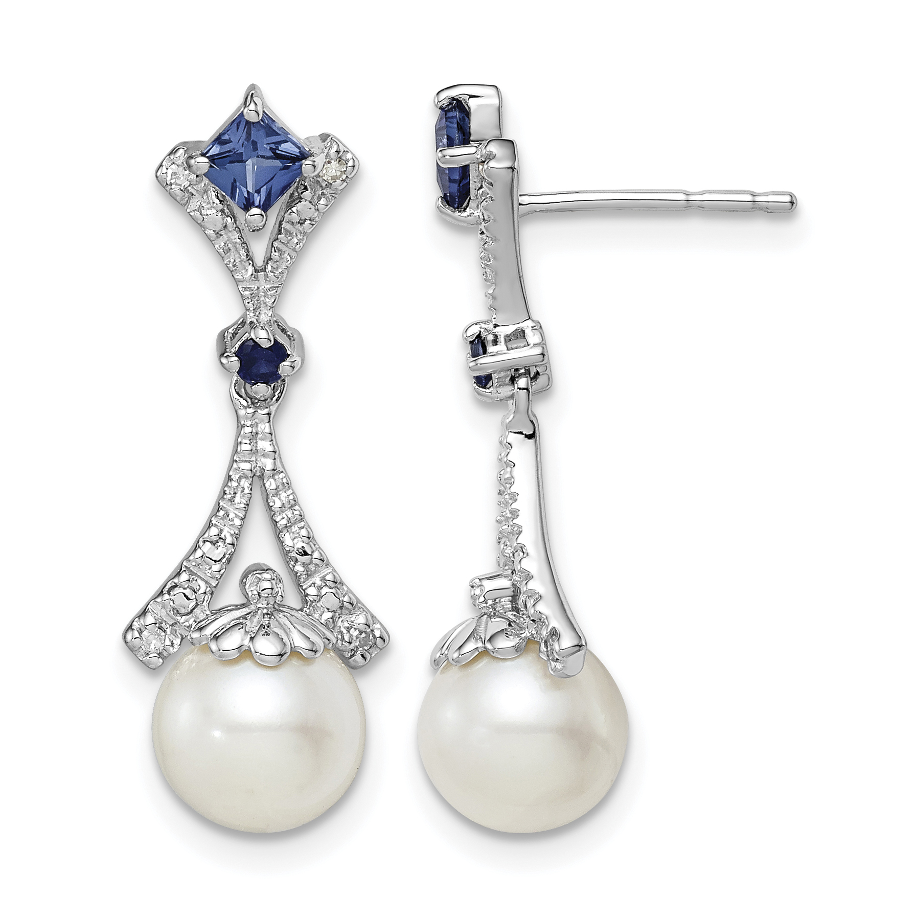 Sterling Silver Rhod Plated Dia. FW Cultured Pearl/Cr. Sapphire Ear (QE10326)