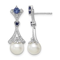 Sterling Silver Rhod Plated Dia. FW Cultured Pearl Cr. Sapphire Ear view 1