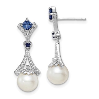 FWC Pearl Created Sapphire Diamond Dangle Post Earrings