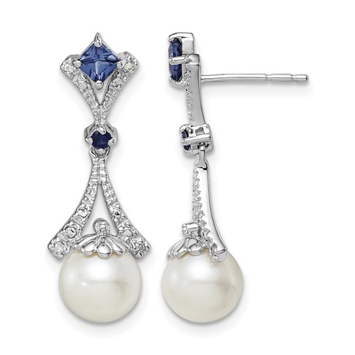 Sterling Silver Rhod Plated Dia. FW Cultured Pearl Cr. Sapphire Ear