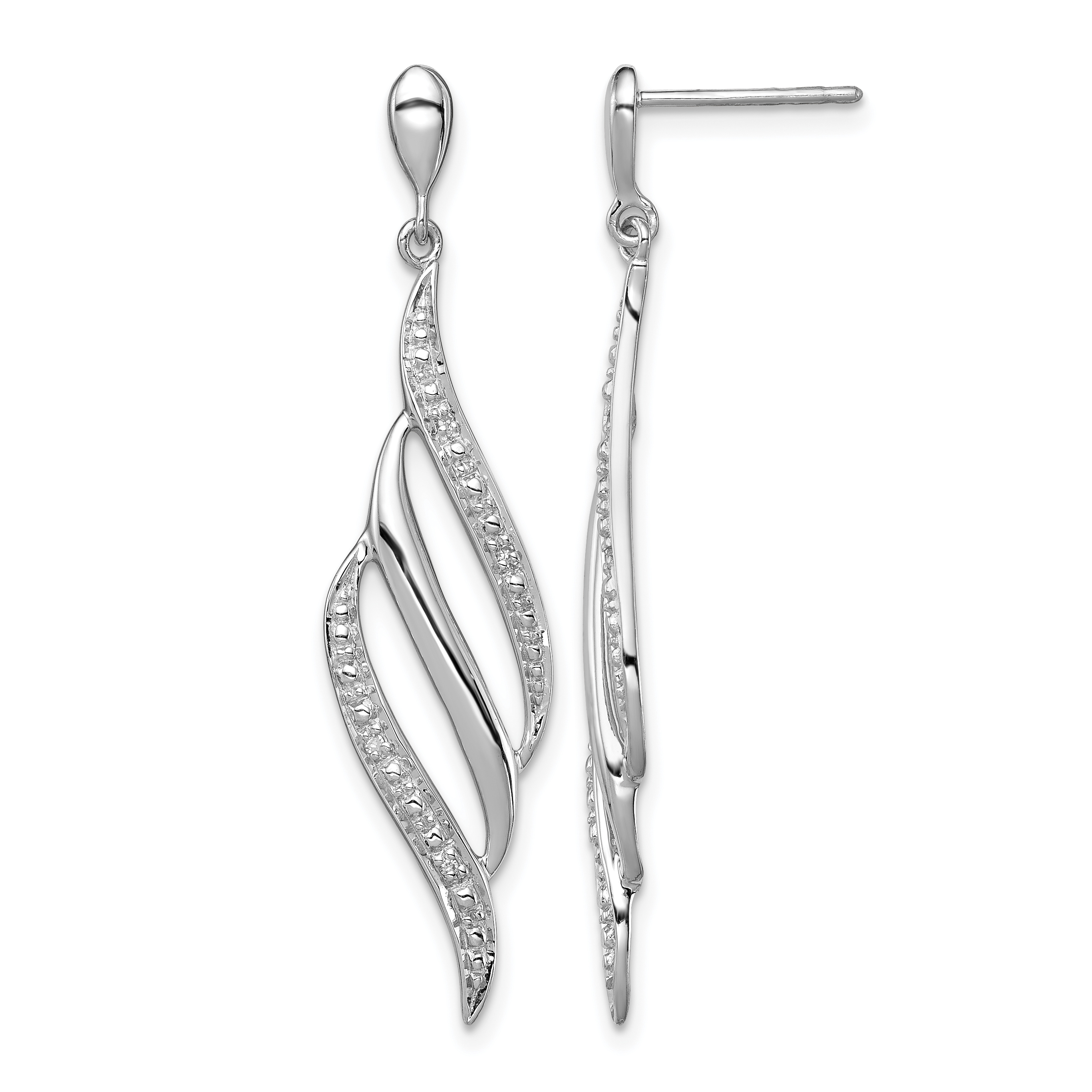 Sterling Silver Rhodium Plated Diamond Swirl Post Dangle Earrings (QE10544)